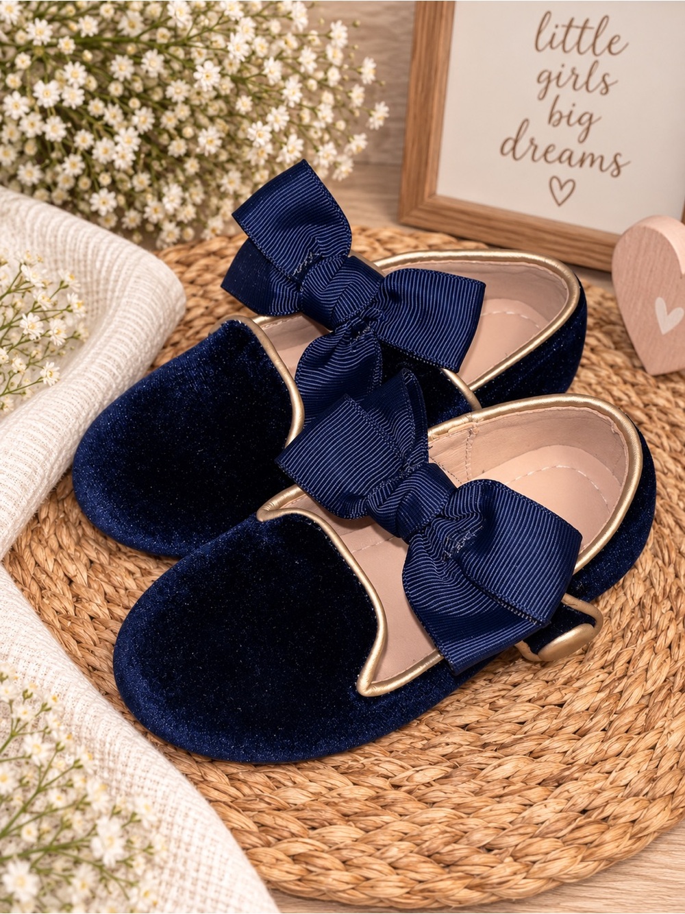 SHEIN Navy Velvet Bow Baby Walker Shoes with Gold Trim